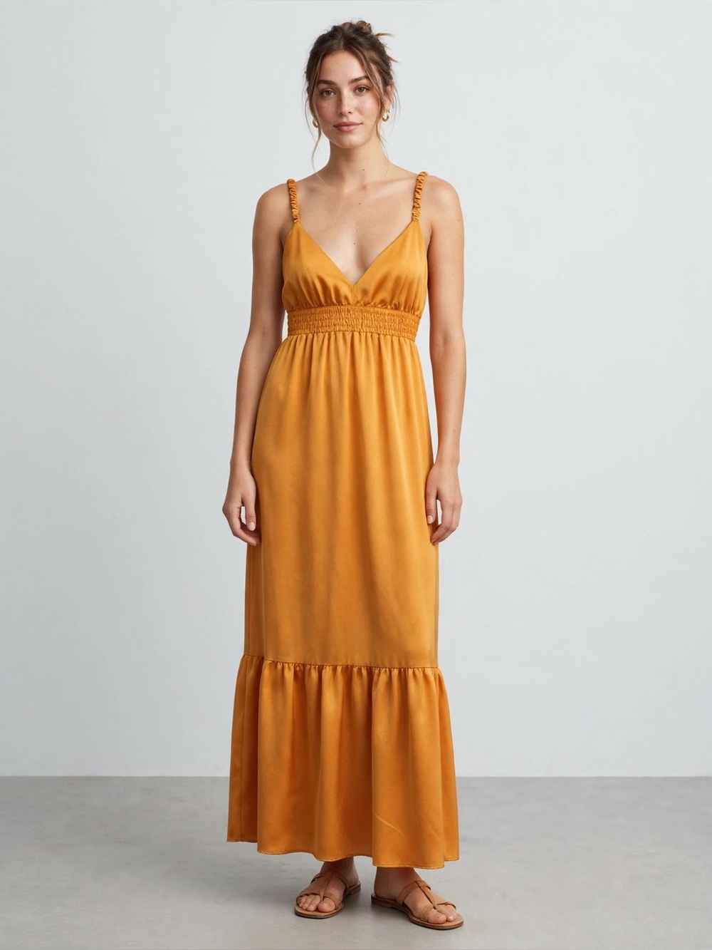 Inspired Hearts Golden-Mustard Spaghetti-Strap Maxi Dress